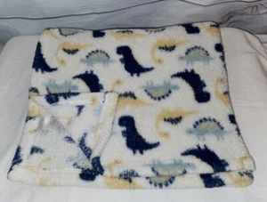 Baby Gear Blue Dino Dinosaur Plush Blanket Sherpa White Blue T-Rex Stegosaurus - Picture 1 of 11