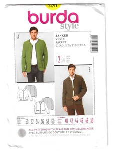 Burda 7291 Men's Jacket or Vest Two Styles Size 40-50 Uncut Sewing Pattern - Picture 1 of 5