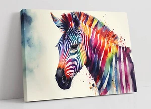 WATERCOLOUR COLOURFUL ZEBRA HOME DECOR CANVAS WALL ART PICTURE PRINT - Picture 1 of 2