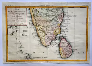 CEYLON SOUTHERN INDIA 1780 BRION DE LA TOUR ANTIQUE ENGRAVED MAP 18TH CENTURY - Picture 1 of 6