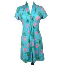 Escapada Living Womens Pineapple Dress Small Short Sleeve Blue Pink Stretch Knit