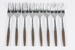 (8) Interpur INR2 Salad Forks Brown Faux Wood Handle Japan Stainless Replacement - Picture 1 of 4