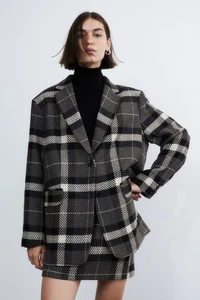 H&M OVERSIZED BLAZER WOOL-BLEND JACKET GREY PLAID TARTAN CHECK CHECKED M MEDIUM - Picture 1 of 6