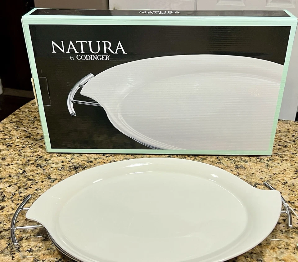 NIB Natura by Godinger Porcelain Serving Platter with Chrome Rack 11”x16” White - Image 1 of 4