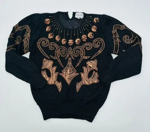 Suéter Vintage Años 80 con Bordado Marrón y Dorado Cuentas Regencia Dinero Antiguo - Imagen 1 de 13