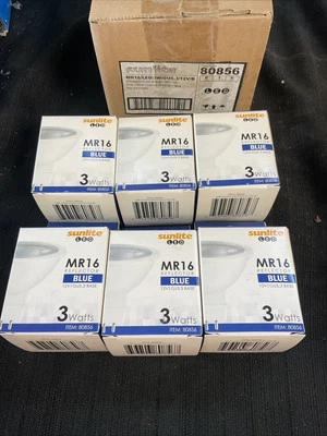New Box Of 6 Sunlite MR16 Colored Blue 3W LED Light Bulbs GU5.3 Narrow Flood 30° - Image 1 of 4