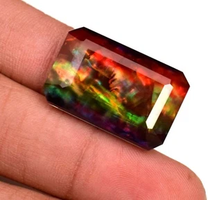 Natural Ammolite Gemstone Red Green Faceted Emerald Cut Huge 24.75 Ct TREATED - Picture 1 of 5