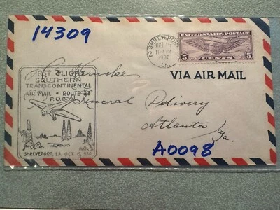 First Airmail Flight Cover Shreveport LA October 15 1930 - Image 1 of 2