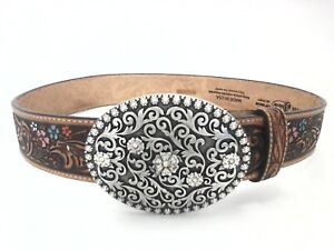 JUSTIN Belt Brown/Pink Floral Tooled Leather Oval Crystal Buckle USA sz 30 $89