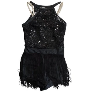 BALERA Black Sequin Fringe Dance Costume Sizes SA/LC/XL Jazz Tap Leotard Outfit - Picture 1 of 12