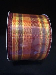 NEW Fall Thanksgiving Plaid Orange Red Brown Yellow Wired Ribbon 2.5" 10 Yd Roll - Picture 1 of 3