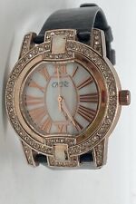 CACHE Ladies Watch New Battery Iced Ornate Large Gold Case Black Leather Strap