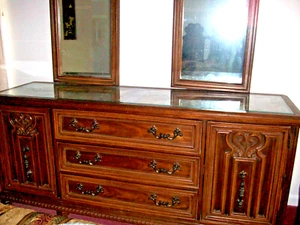 QUEEN BEDROOM SET WITH TRIPLE DRESSER, MIRRORS ,ARMOIRE, AND HEADBOARD - Picture 1 of 7