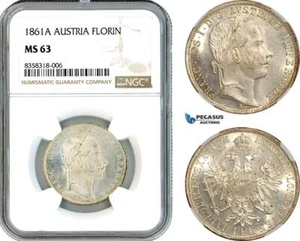 AK440, Austria, Franz Joseph, 1 Florin 1861 A, Vienna Mint, Silver, NGC MS63 - Picture 1 of 1