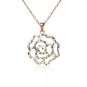 Rose Gold Flashed 925 Silver Two-Tone Diamond-cut Rose Flower Pendant Necklace - Picture 1 of 3