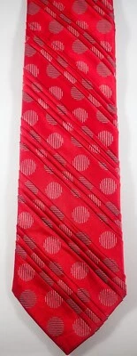 JHANE BARNES RED RIBBED FOLDS w/ PINK POLKA DOTS CIRCLES 100% SILK NECK TIE - Image 1 of 4