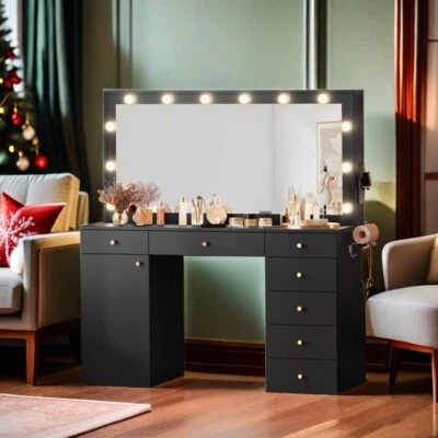 Juego de Escritorio Tocador de Maquillaje con Espejo y Luces, Mesa con 3 Colores 7 Cajones (Negro) Foto 1 de 4