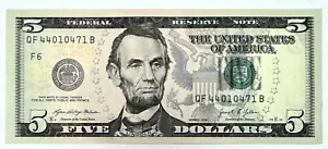 NUEVO billete de $5 (cinco) dólares sin circular serie USD BEP 2021 - Imagen 1 de 2