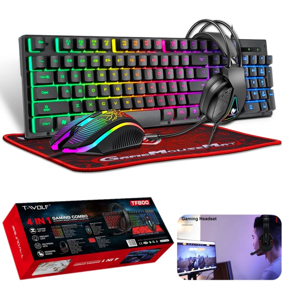 4 in 1 PC Gaming Keyboard Mouse & Headset Set RGB LED Gamer Bundle w/Mouse Pad - Image 1 of 4