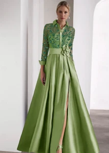 Brand New Green Turquoise Satin Sequin Evening dress size 12 full length maxi - Picture 1 of 9