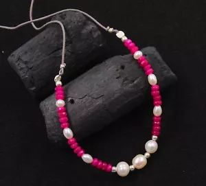 Ruby Pearl Beads 18" Necklace 925 Silver Jewelry Leather Coat Handmade Necklace - Picture 1 of 3