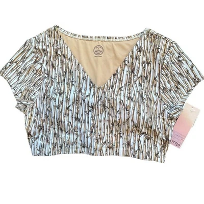 Mott 50 Clara Small Crop Swim Top V-Neck UPF 50+ Cap Sleeves Bamboo Forest Tan - Image 1 of 4