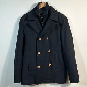 Guess Vintage Black Wool Lined Wooden Buttons Winter Inside Pockets Men Small - Picture 1 of 10