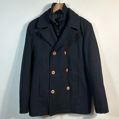 Guess Vintage Black Wool Lined Wooden Buttons Winter Inside Pockets Men Small - Image 1 of 4