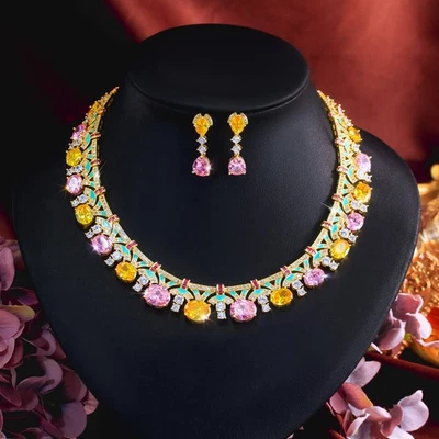Gold Plated Wedding Jewelry Set Women Colorful Cubic Zirconia Earrings Necklace - Image 1 of 4