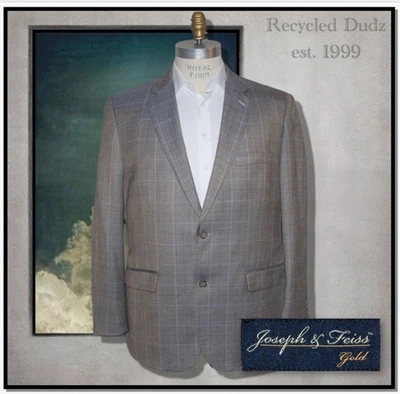 Joseph & Feiss Gold Men's 46R Wool Rayon Blazer Jacket Beige Check Sport Coat - Image 1 of 4