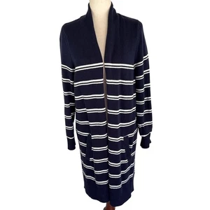 Loved Adored marineblau weiß gestreifter langer Cardigan Pullover vorne offen große Taschen - Bild 1 von 8