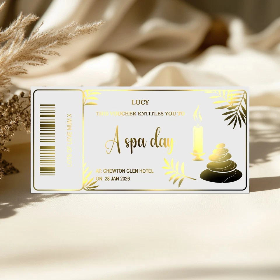 VIOLET GRACE Personalised Spa Day Metallic Foil Voucher, Surprise Custom Gift Ticket