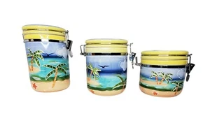 Set of 3 Baum Brothers Style Eyes Biscayne Bay Collection Ceramic Cannister - Picture 1 of 8