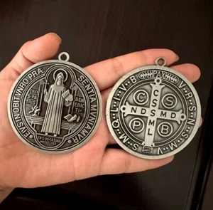 TWO (2) Large St BENEDICT Medals 3” Protection Silver Medalla de San Benito - Picture 1 of 1
