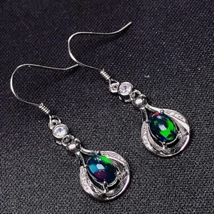Oval Cut Natural Black Fire Opal Women's Dangle/Drop Earring 14K White Gold Over - Picture 1 of 5