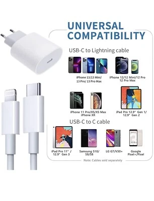 Caricatore rapido 20W +Cavo USB-C PER Apple IPHONE X 11 12 13 14 15 Pro max - Immagine 1 di 4