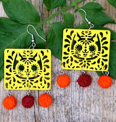 Earrings Papel Picado Yellow Cat & Marigolds Fiesta Handmade Party Banner Mexico - Image 1 of 4