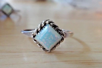 size 6.75 Sterling Silver Fancy Square White Lab Opal Solitaire Rope Design Ring - Image 1 of 4