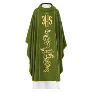 Vestimenta de casulla verde católica bordada gótica y estola con símbolo de oro IHS - Imagen 1 de 3