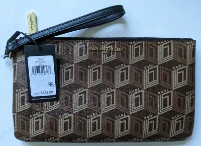 $118 Karl Lagerfeld Paris Maybelle SLG Wristlet Clutch Brown Logo Black Strap - Image 1 of 4