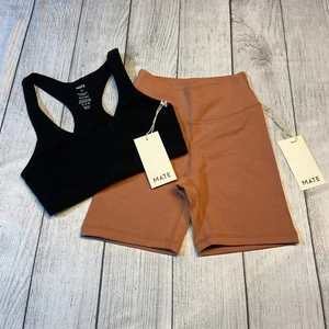 Mate the Label Womens Organic Stretch Sports Bra & Biker Short Set XS Black/Rose - Picture 1 of 13