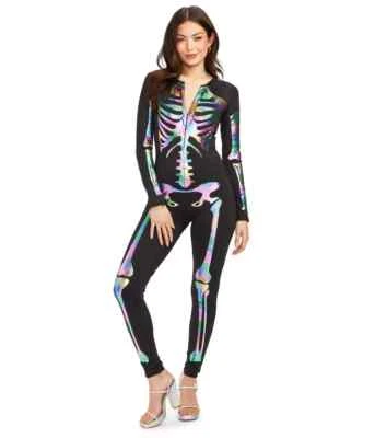 TIPSY ELVES ONE PIECE ZIP UP FITTED SKELETON JUMPSUIT Women's XS IREDESCENT - Image 1 of 4