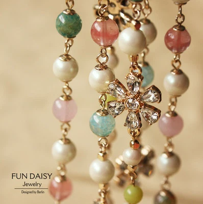 Lange Halskette Sautoir Perlenkette Achat blau Rosenquarz Kleeblatt Klasse Retro FUN2 - Bild 1 von 4