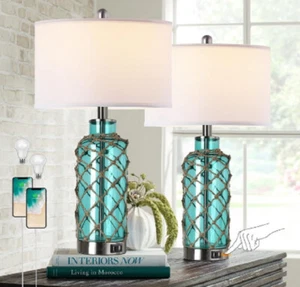 Set of 2 Cottage Nautical Accent Table Lamp Touch Control Blue Green Glass 2 USB - Picture 1 of 9