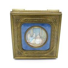 Antique Best Huge Bronze Dresser Box with Hand Painting, Enamel, Original Lining