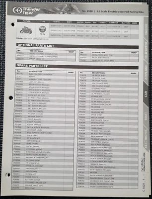 Thunder Tiger Bicicleta de Corrida Elétrica 1:5 Ducati FM-1e Lista de Peças e Folhas de Diagrama - Imagem 1 de 3