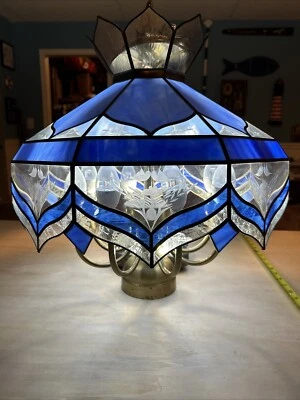 Tiffany Style Blue Stained + Etched Glass Ceiling Pendant Chandelier VTG MCM - Image 1 of 4
