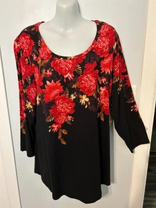 Neu mit Etikett JM Collection schwarz Blumenmuster Multi dehnbar Top mit 3/4-Ärmeln Übergröße 1X - Bild 1 von 3