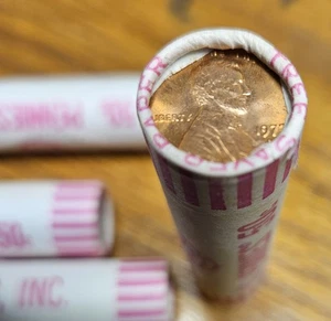 1977-D Lincoln Cents BU OBW Crimped Roll of Uncirculated 50 Pennies Bankwrapped - Picture 1 of 3