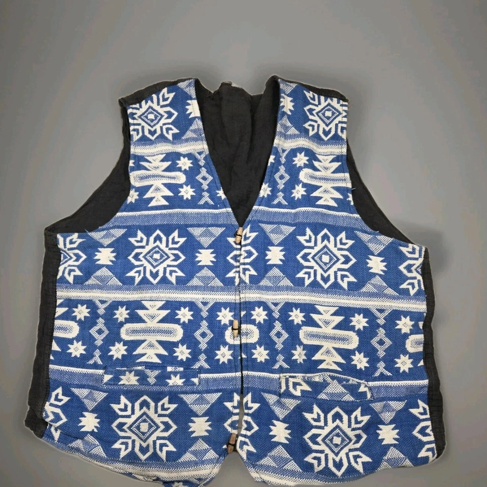 Vintage Embroidered Vest Blue And White Wooden Clasps Sante Fe Hippy 60s Rad - Image 1 of 4